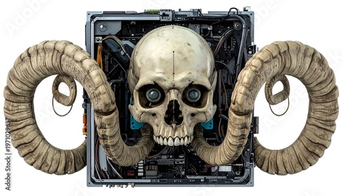 A mechanical chassis, revealing internal components and a skeletal head adorned with large, curving horns. The overall design evokes an abstract, gothic aesthetic