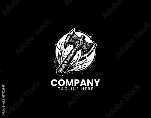 Viking battle axe with runes and abstract splashes black vector logo illustration isolated on white background