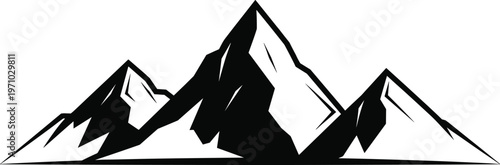 Minimalist mountain range vector illustration with bold black silhouette peaks, abstract alpine landscape design for logo, branding, outdoor adventure and nature themes