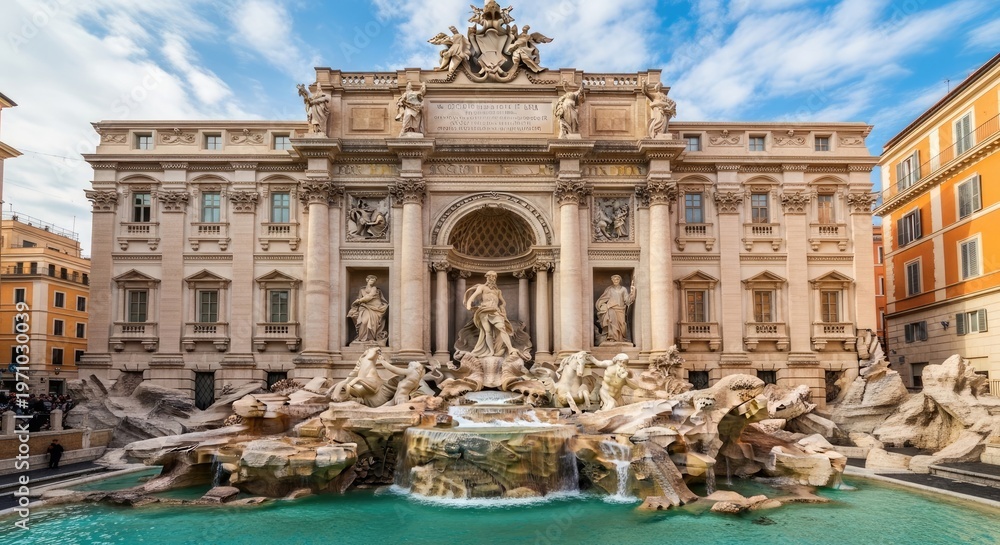 Fototapeta premium Grand baroque fountain with sculptures in front of ornate building in rome architecture
