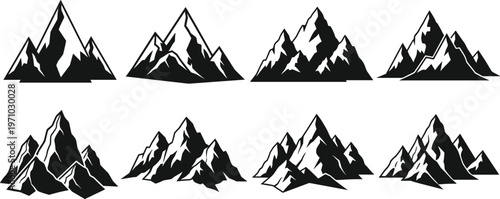 Mountain silhouettes set featuring rocky peaks and alpine ranges, black isolated vector collection for landscape, adventure, outdoor and nature design projects