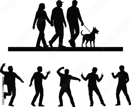 People silhouettes set featuring group walking with dog and dancing men poses, black isolated vector illustration for lifestyle and activity design