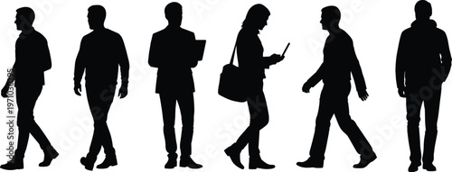 People silhouettes set featuring walking men and woman using phone, black isolated vector illustration for urban lifestyle, communication and daily activity design