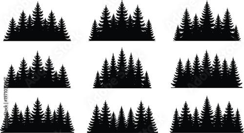 Pine tree forest silhouette vector collection with evergreen trees, black nature landscape set for logo design, outdoor branding, and woodland illustration