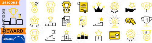 Vector illustration of twenty four yellow and black reward icons, accomplishment and prize symbols set