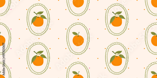 Seamless fruit pattern with oranges in whimsical hand drawn style. Trendy citrus fruit background with doodle frames and dots. Cute vector illustration for textile print, wrapping paper and wallpaper