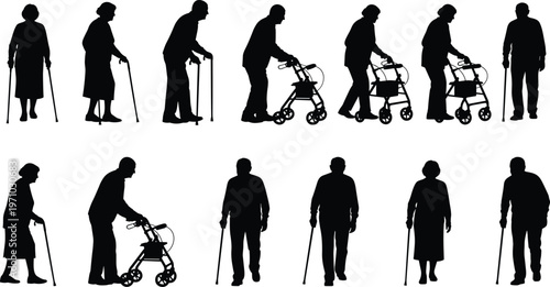 Senior people silhouettes with walkers and canes vector collection, elderly mobility aids, healthcare support, aging concept, rehabilitation, and assisted living illustration