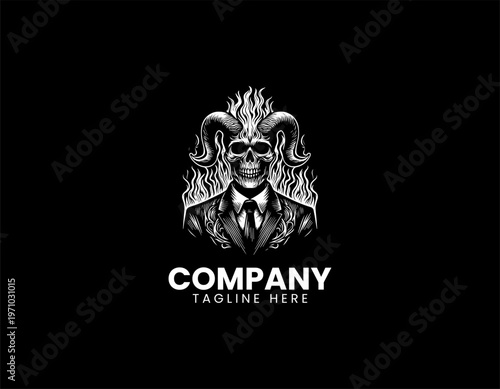 Horned skull man in suit with flames black vector logo illustration isolated on white background