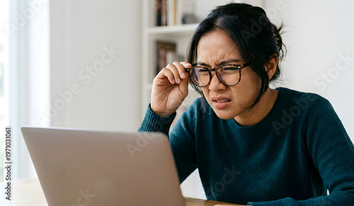 Serious expression reflects high concentration when reading digital information carefully.
