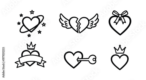 Hand-Drawn Decorative Tattoo Style Heart Icon Set — Winged Heart Crown Heart Banner Heart Arrow Key Vector
