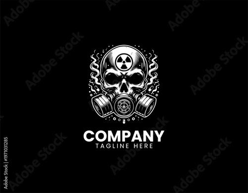 Skull with gas mask and radioactive symbol black vector logo illustration isolated on white background