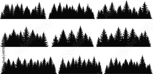 Set of pine forest silhouettes borders featuring dense evergreen trees, black isolated vector landscape elements for nature scenes and design projects