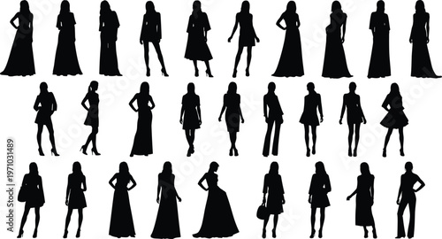 Set of women silhouettes collection, female fashion poses with dresses and casual outfits, stylish people vector illustration isolated on white