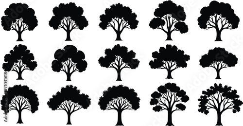 Stylized tree silhouettes collection featuring various rounded canopy shapes, black isolated vector set for forest, landscape and decorative design projects