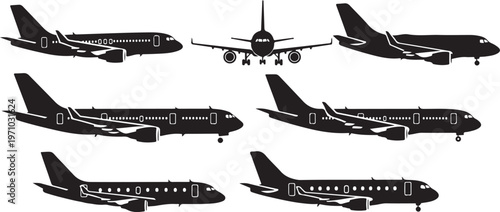 airline fleet airplane jet cargo plane silhouette set black