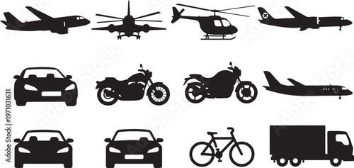 air vehicles airplane helicopter jet silhouette set black