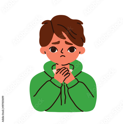 Sad worried boy, feeling regret, shame. Child character, anxiety and guilt expression, sorry emotion. Shy vulnerable confused modest kid. Flat vector illustration isolated on white background