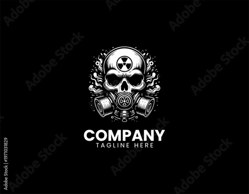 Skull with gas mask and radioactive symbol black vector logo illustration isolated on white background