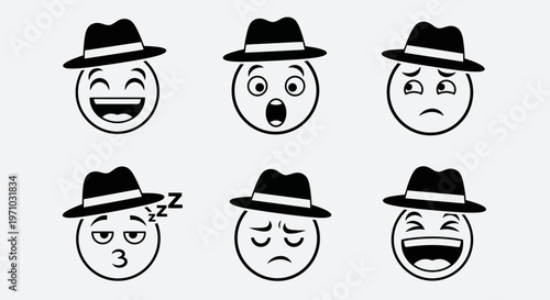 Black and White Emoji Faces with Fedora Hats Showing Diverse Emotions, Expressive Emoticons on Light Gray Background