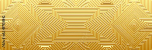 Banner, cover design, fresco. Geometric abstract pattern, embossing. Gold background. Ornaments, arabesques, mandalas, handmade style. Ethnic, tribal traditions of the East, Asia, India, Mexico, Aztec