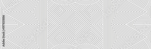 Banner, cover design, fresco. Geometric pattern, embossing. White background. Ornaments, arabesques, mandalas, handmade style. Ethnic and tribal traditions of the East, Asia, India, Mexico, the Aztecs
