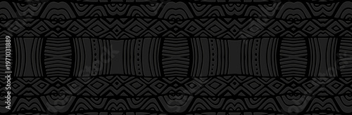 Banner, cover design, fresco. Original geometric pattern, embossing. Black background. Ornaments, arabesques, mandalas, handmade style. Ethnic, tribal traditions of the East, Asia, India, Mexico
