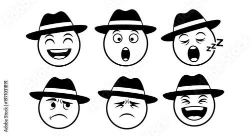 Line Art Emoji Faces with Fedora Hats Showing Various Emotions, Character Emoticons on Isolated White Background