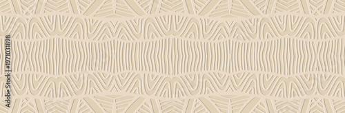 Banner, cover design, fresco. Geometric old pattern, embossing. Beige background. Ornaments, arabesques, mandalas, handmade style. Ethnic, tribal traditions of the East, Asia, India, Mexico, Aztecs.