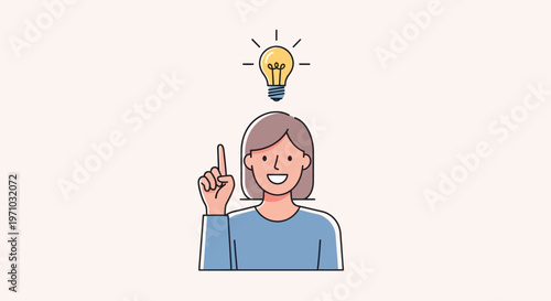 Inspired Woman Pointing to a Bright Idea Light Bulb Above Her Head, in Bright Studio
