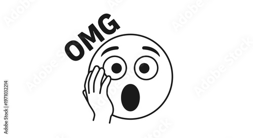 Black outline OMG! emoji with wide eyes and open mouth, expressing extreme surprise or shock on an isolated white background.