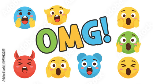 Collection of cartoon emojis expressing various levels of surprise, shock, and excitement with 'OMG!' text in a bright studio background.