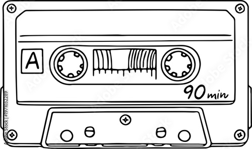 Handgezeichneter Sketch einer Musikkassette mit Copy Space in der Beschriftungszeile. Audio Tape. Spulen, Seite A und Laufzeit 90 Minuten. 
