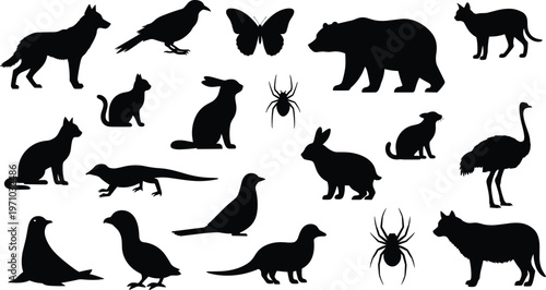 Animal silhouettes set featuring wildlife and domestic species including dog, bear, rabbit, birds and insects, black isolated vector illustration collection