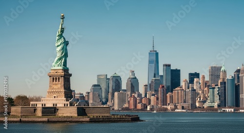 Statue of liberty with new york city skyline in the background across the water buildings
