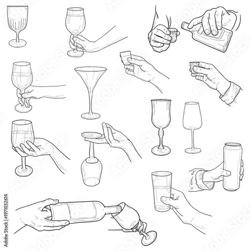Glasses, flutes, and shot glasses in the hands, hand-drawn sketch. Vector illustration. Waiters and sommeliers pouring alcoholic beverages, collection isolated on a white background