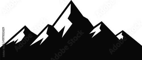 Bold black mountain silhouette vector with sharp alpine peaks, minimalist landscape illustration for outdoor adventure logo, nature branding, and abstract design use