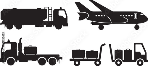airport vehicles airplane fuel truck luggage cart silhouette set black