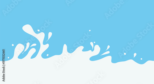 Splashes and drops of milk on a blue background. Vector illustration. Milk waves on a seamless horizontal border, a simple pattern isolated on a white background