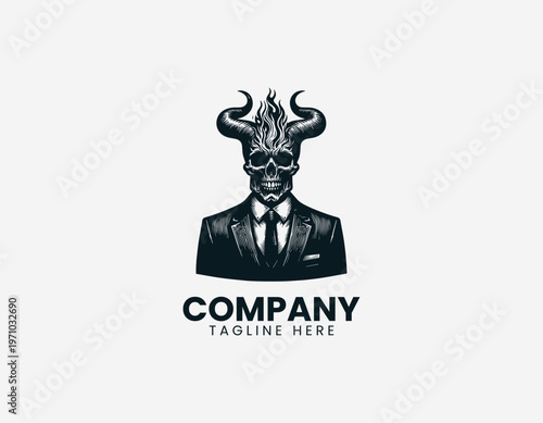 Horned skull man in suit with flames black vector logo illustration isolated on white background