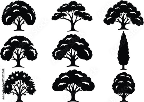 Cartoon tree silhouettes set featuring stylized canopy shapes and cypress tree, black isolated vector collection for nature, landscape and decorative design
