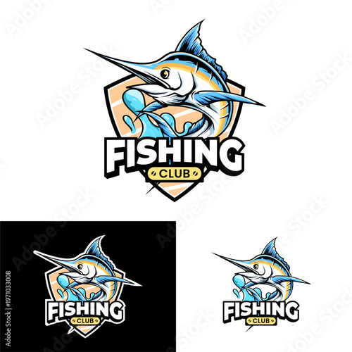 Marlin fishing club shield logo with dynamic fish mascot illustration