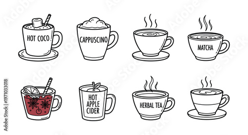 21aHand-Drawn Labeled Hot Beverage Cup Icon Set — Hot Cocoa Cappuccino Matcha Apple Cider Herbal Tea Vector