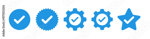 Blue verified checkmark icons, social media account verification badges, 5 flat vector profile trust symbols