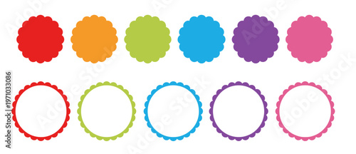 Colorful scalloped circle labels, set of 11 round decorative frames, vibrant vector stickers for sale tags