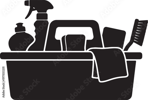 Black minimalist cleaning caddy silhouette icon with spray bottle brush and supplies for household maintenance