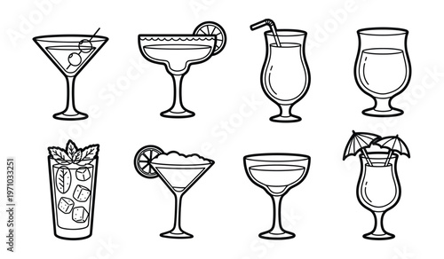 Hand-Drawn Black Outline Cocktail and Mixed Drink Glass Icon Set — Martini Margarita Pina Colada Mojito Vector Collection