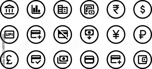 Collection of eighteen black and white circular banking and financial icons, set of diverse money and payment symbols