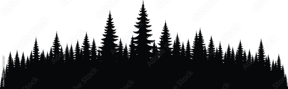 Obraz premium Dense forest silhouette border featuring pine and evergreen trees, black isolated vector illustration for landscape, nature backgrounds and decorative design projects