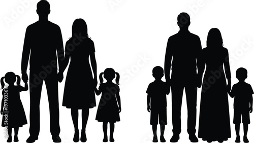 Family silhouettes set featuring parents with children holding hands, black isolated vector illustration for parenting, lifestyle and social design projects