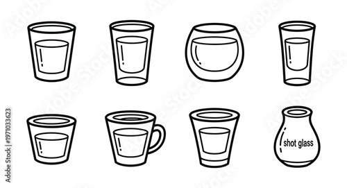 Hand-Drawn Black Outline Shot Glass and Small Drinking Cup Icon Set — Tumbler Mug Yogurt Jar Glassware Vector Collection